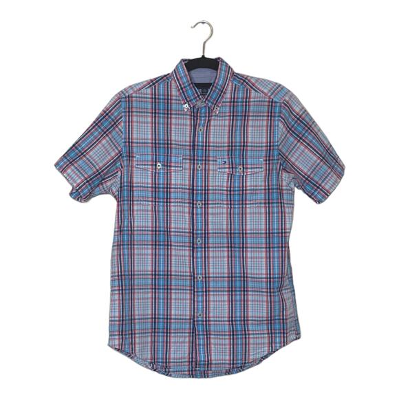 Tommy Hilfiger men blue orange plaid short sleeves button shirt size XS - Picture 1 of 7